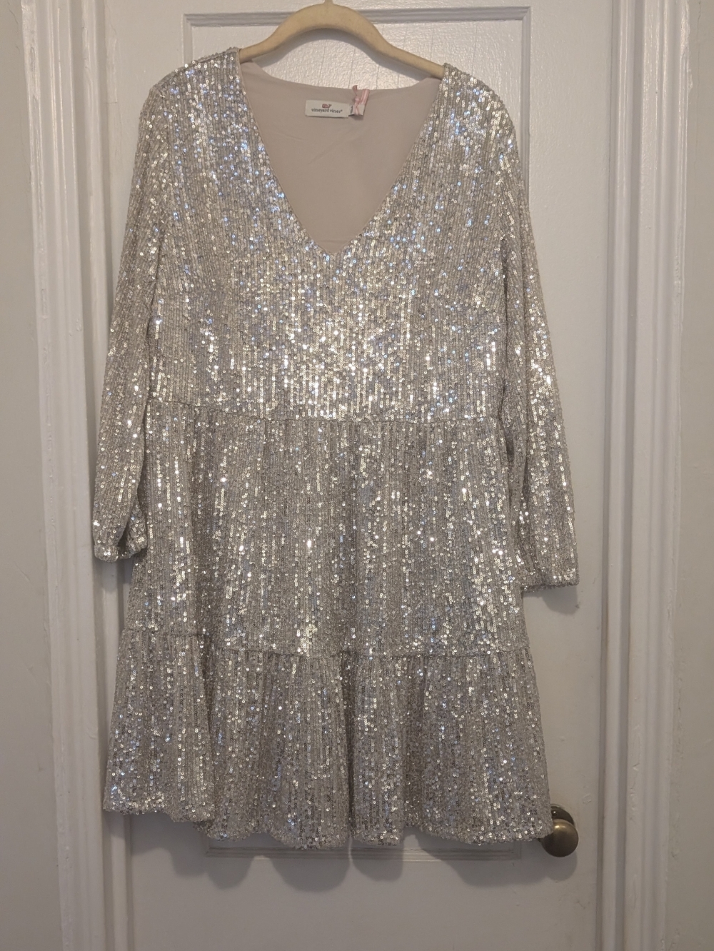 Vineyard Vines Silver Sequin V-Neck Tiered Dress